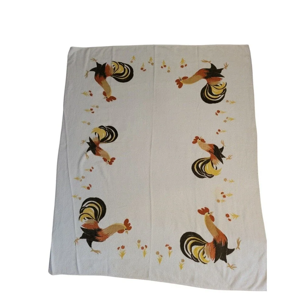 Vintage California Hand Prints Terry Tablecloth Roosters READ